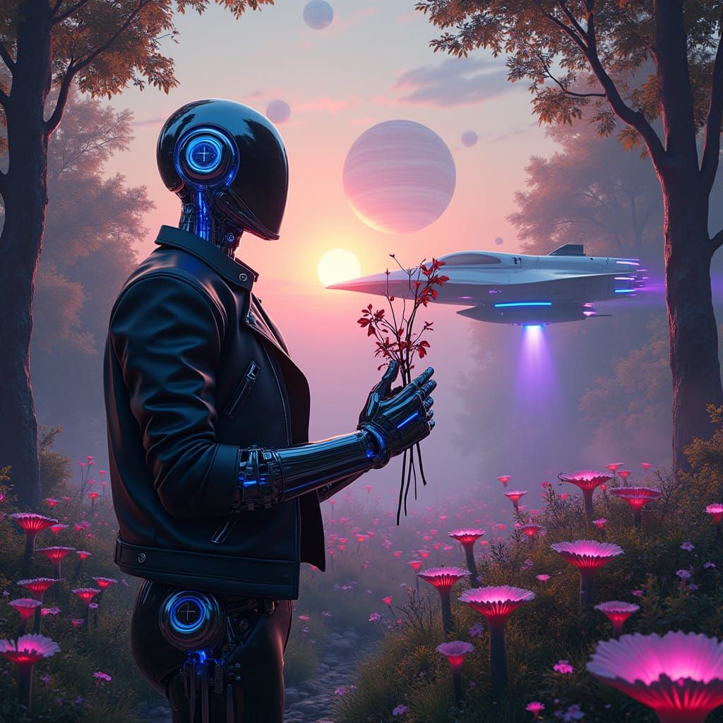 Cyborg in a Vibrant, Neon-Lit Garden with Spaceship and Glow...