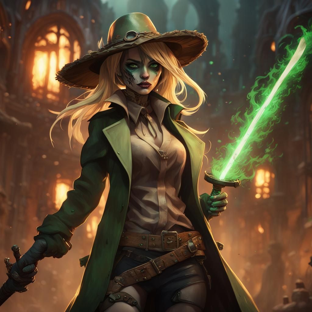 Undead Catgirl with Katana and Green Flames