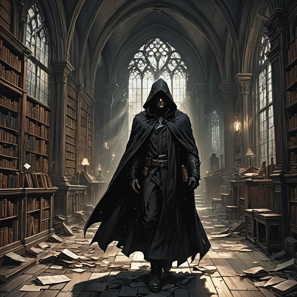 Dark Cloaked Figure in Ruined Building, Detailed Matte Paint...