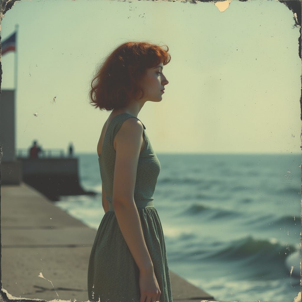 Elegant Woman Gazing at the Sea in a Dreamy Old Photo Aesthe...