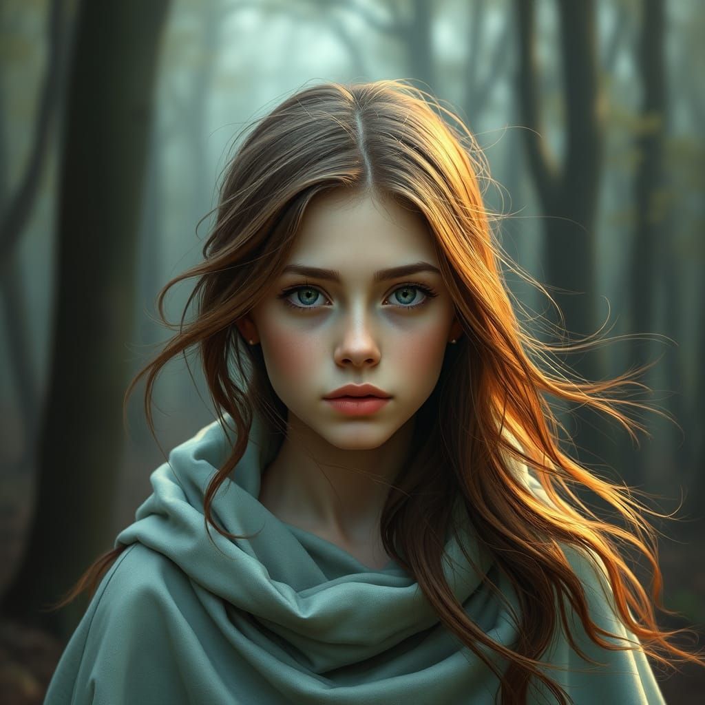 Mystical Portrait of Woman in Misty Woods