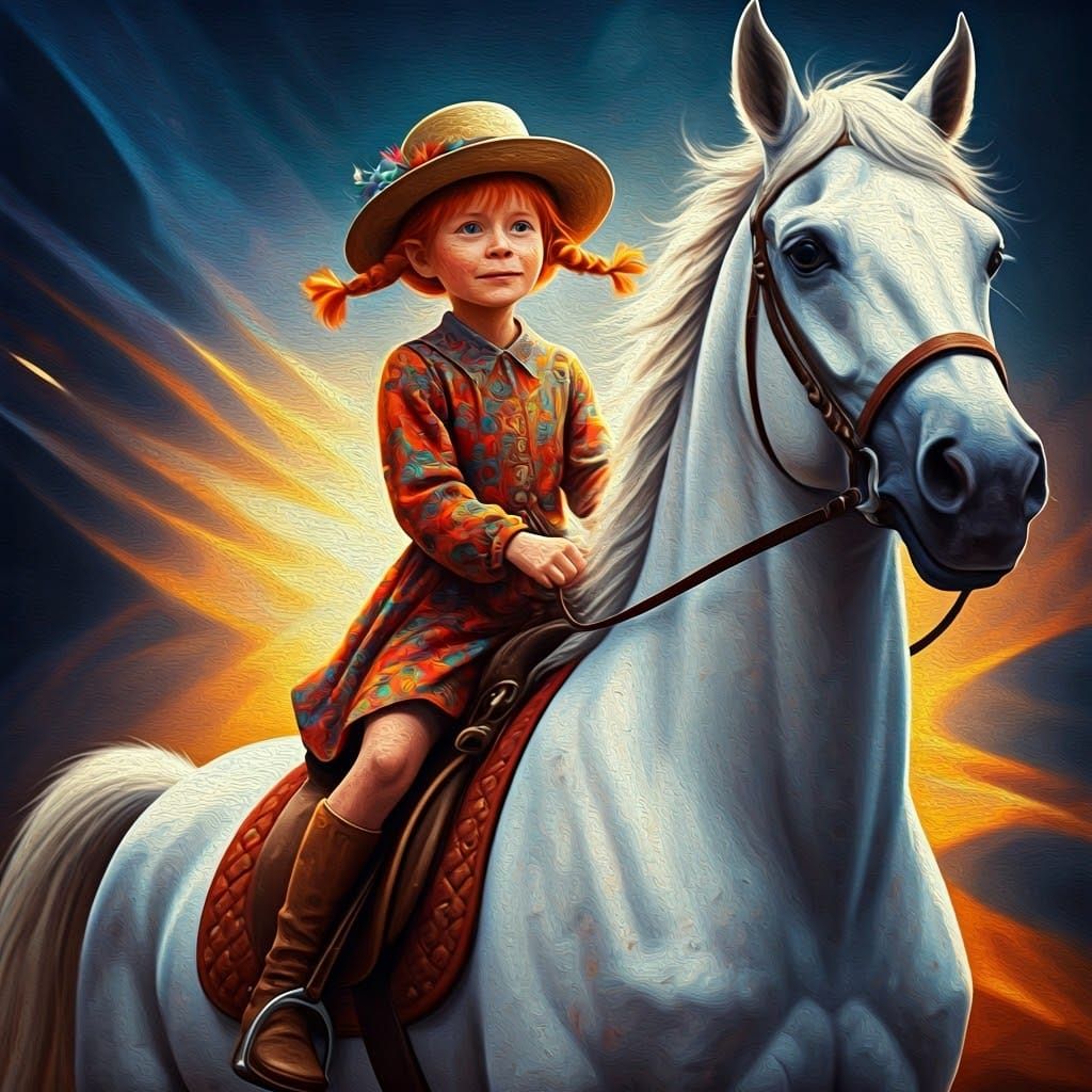 Realistic oil painting.  Impasto. Pippi Långstrump and his white horse. Surrealism. detailed matte painting, deep color,...