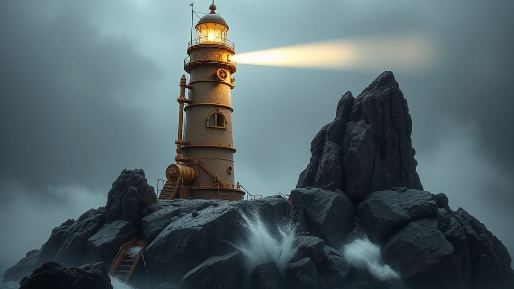Steampunk Lighthouse on Rocky Outcrop in 16k