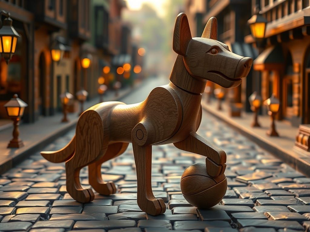 Articulated Wooden Dog in Miniature City
