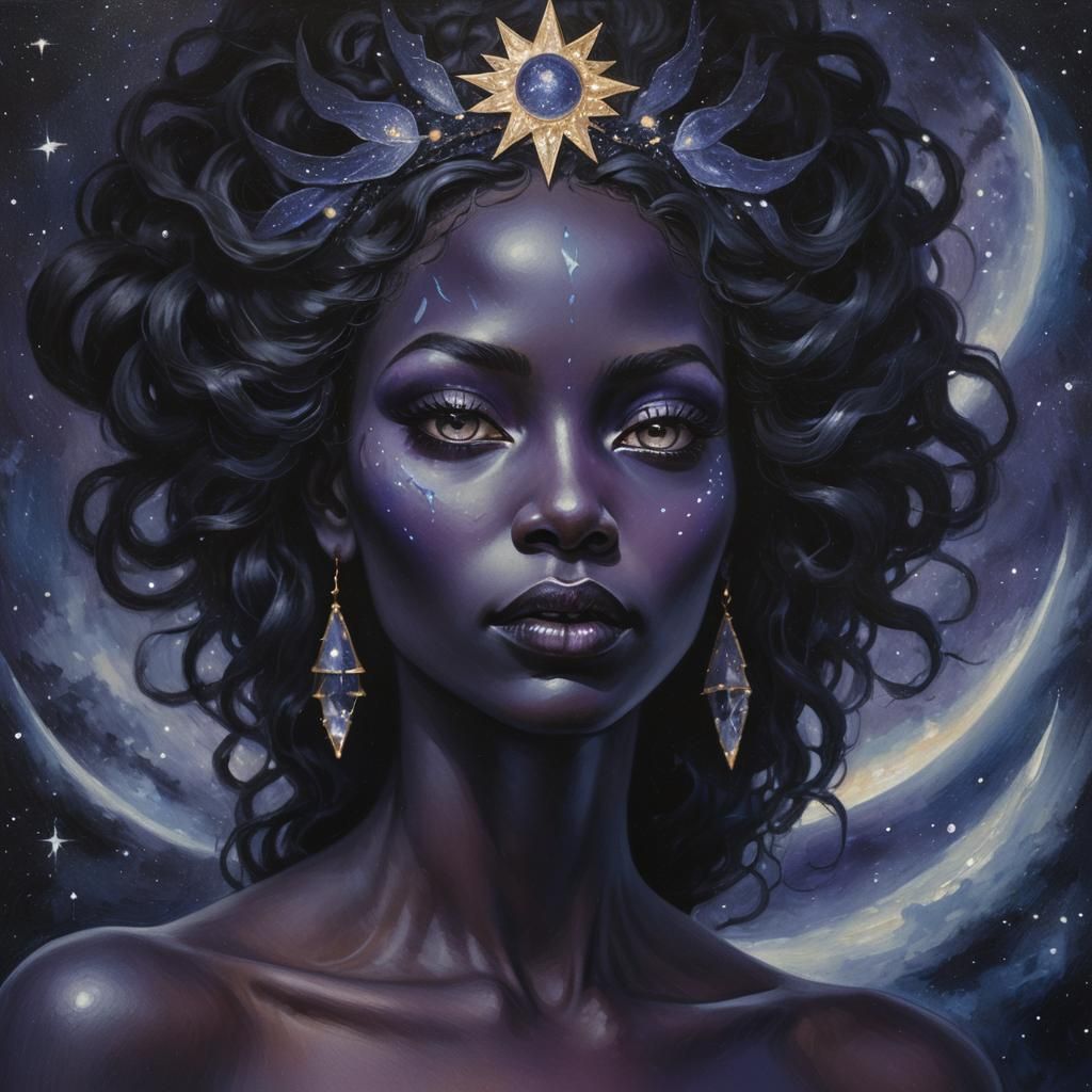 Nix the Goddess of the night black skin blending into the night sky her skin is made of the night skies Luis Royo skin d...