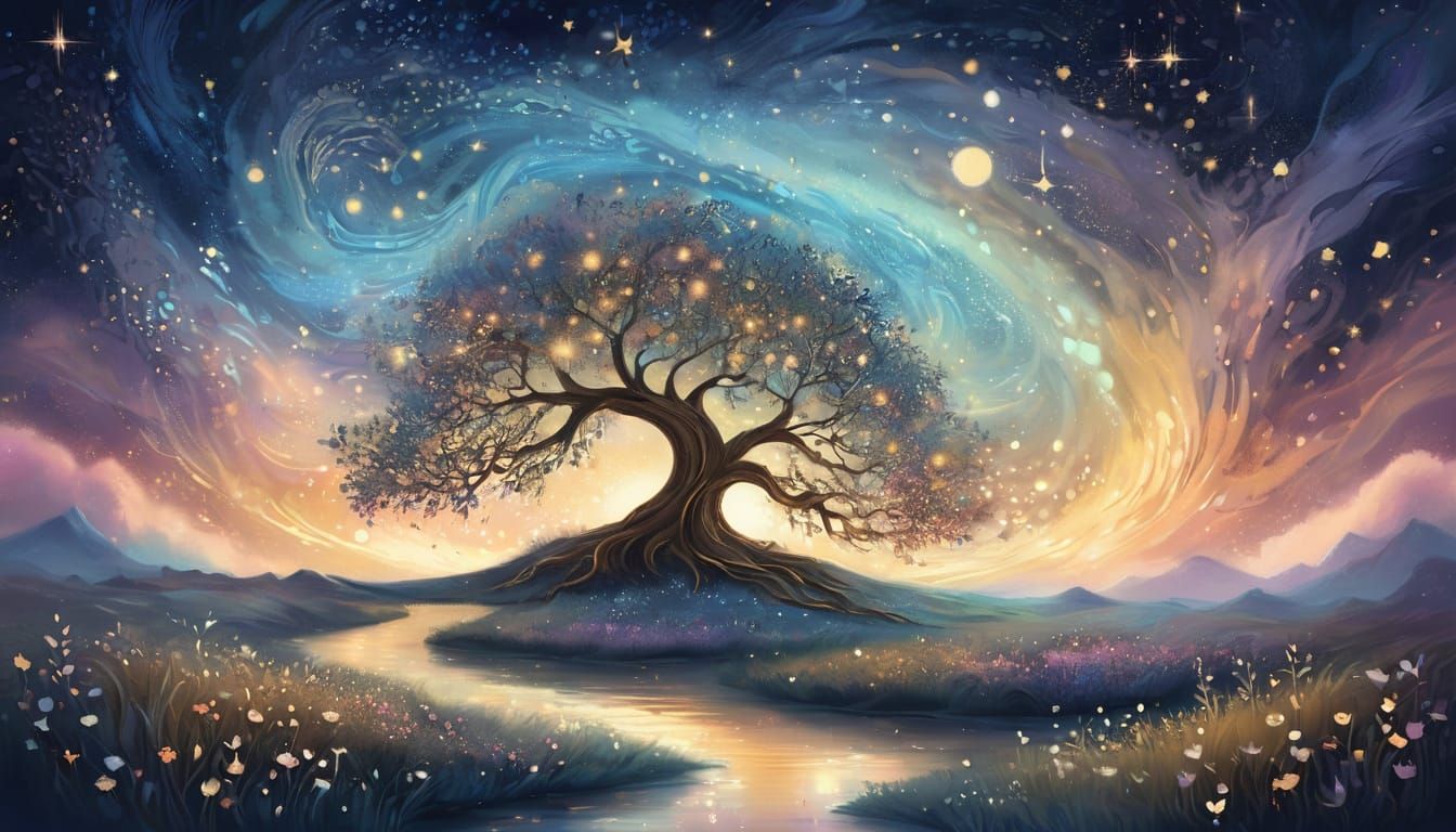 Enchanted Tree in Whimsical Fantasy Landscape