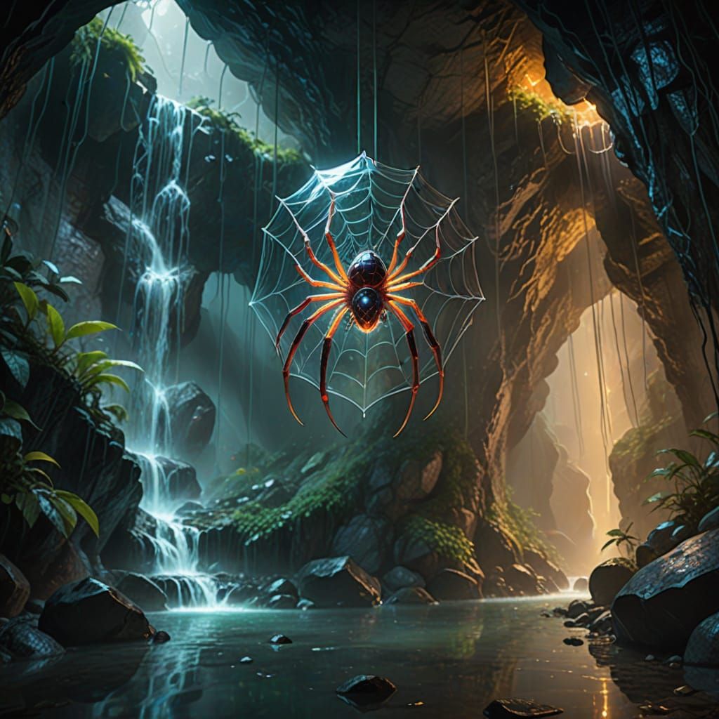 Majestic Glass Spider Confronts Adventurers in a Vibrant Cav...