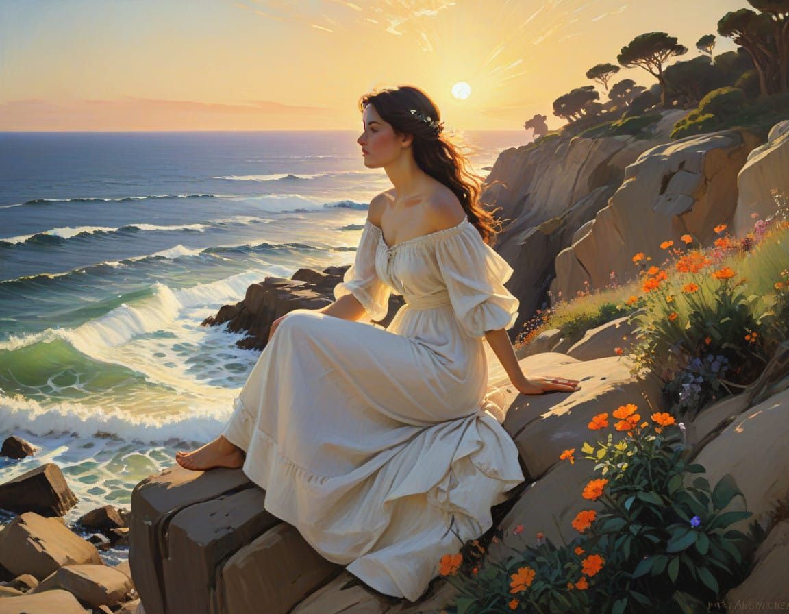 Serene Sunset at the Ocean's Edge in Vibrant, Dreamy Style