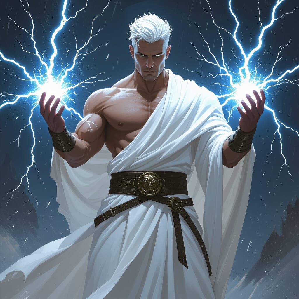 Zaphrael: Muscular Lightning God in White Robe