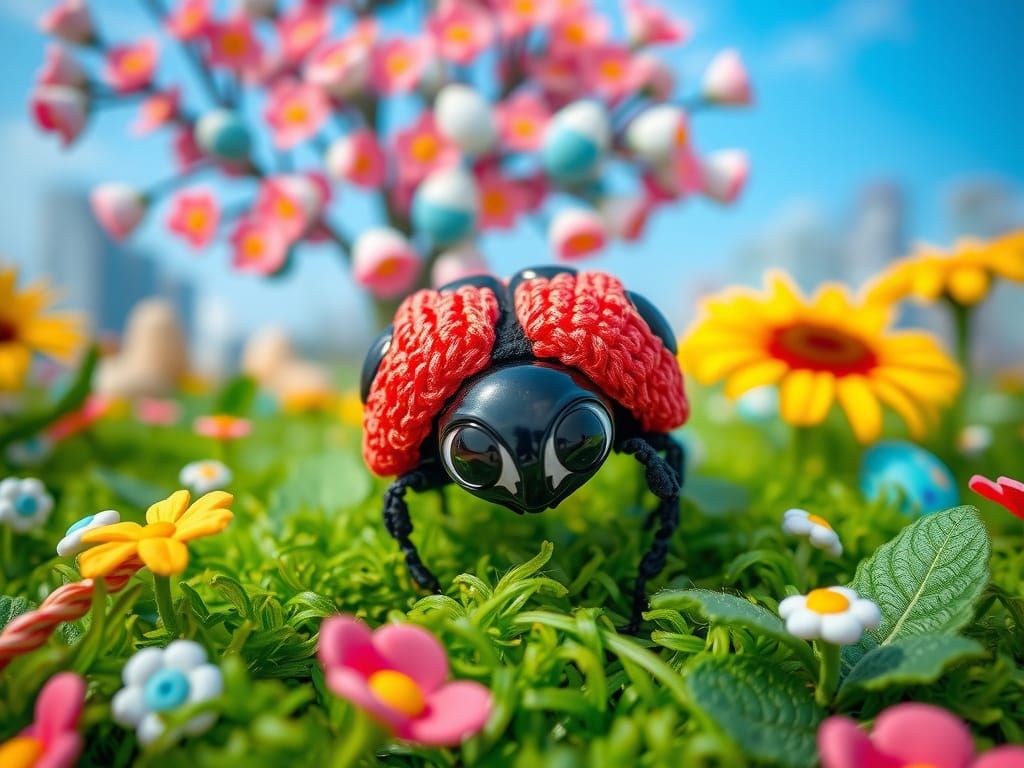 Ladybug in Iridescent Colors, Surrounded by Easter Flowers a...