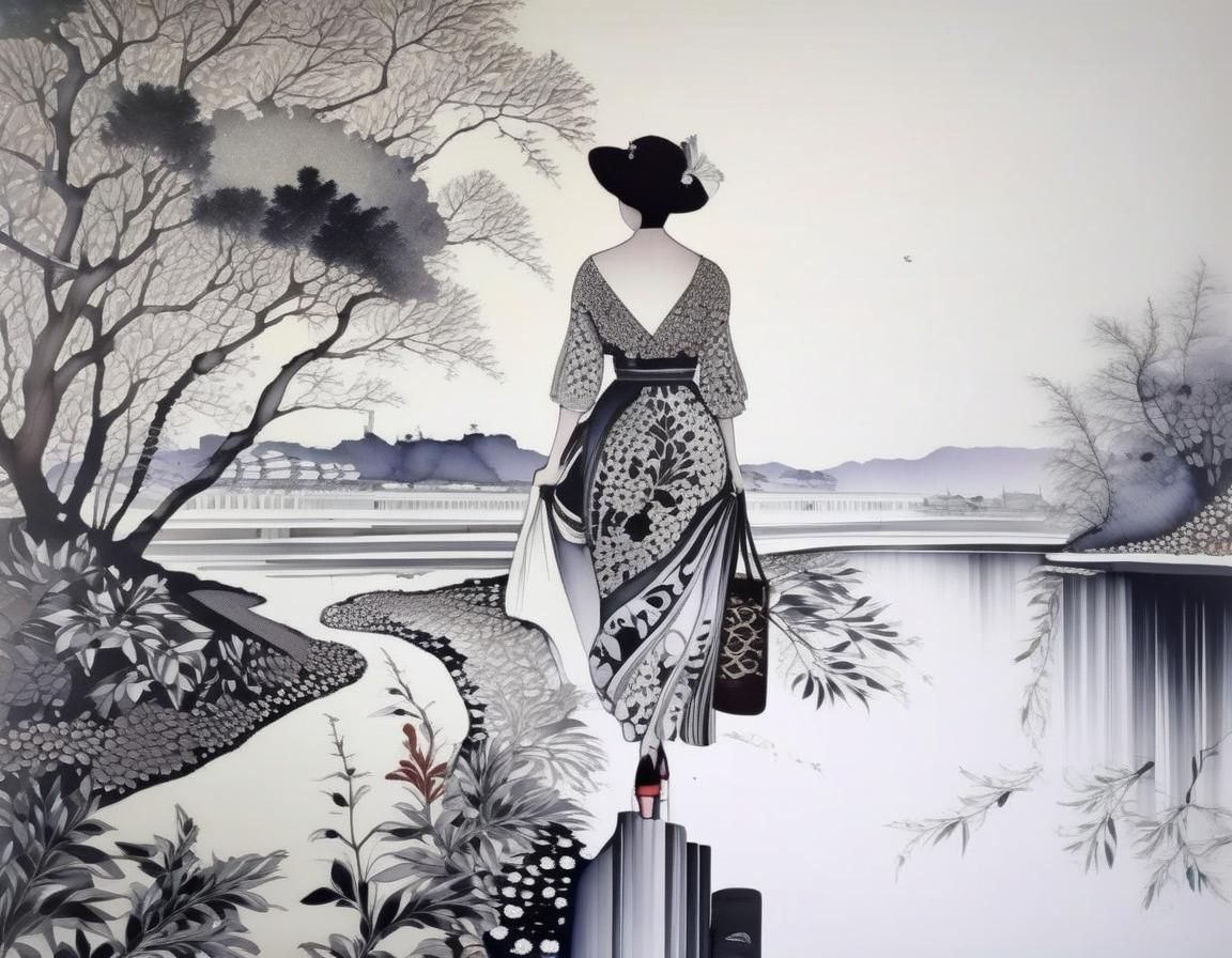 Woman Strolls by River: Landscape Masterpiece