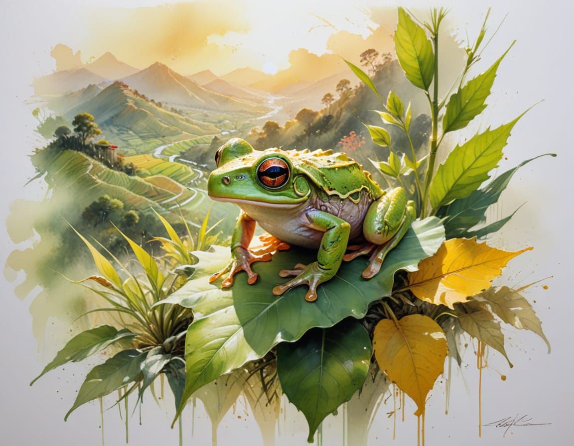 Golden Rice Terraces & Tree Frog in Late Afternoon Sunlight