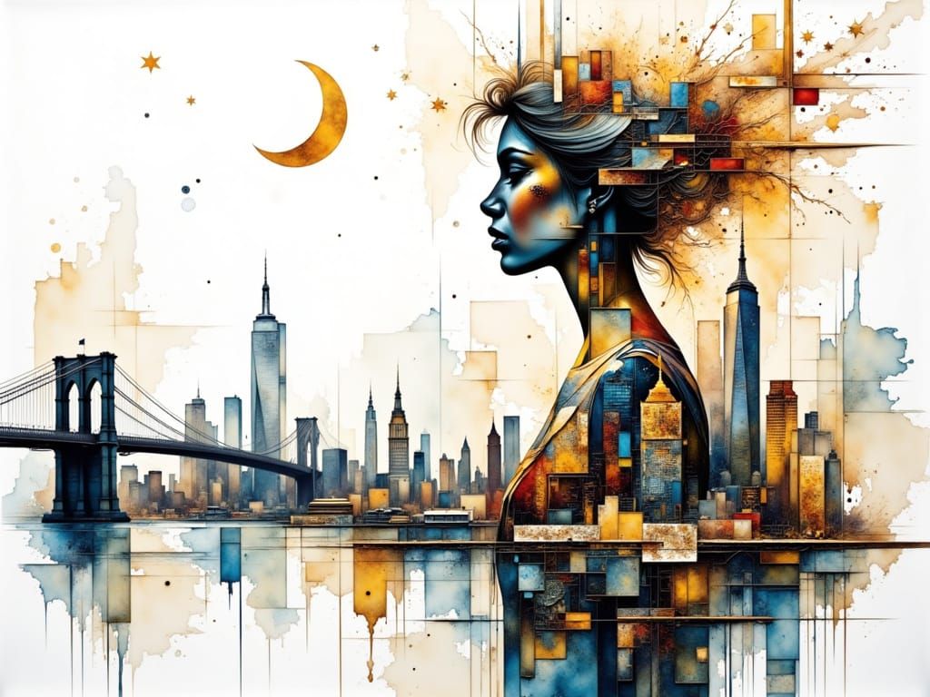 Layered Cityscape Collage in Vibrant, Dreamlike Style