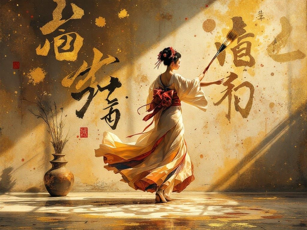 Geisha Dancing with Brush: Impasto Painting with Calligraphy