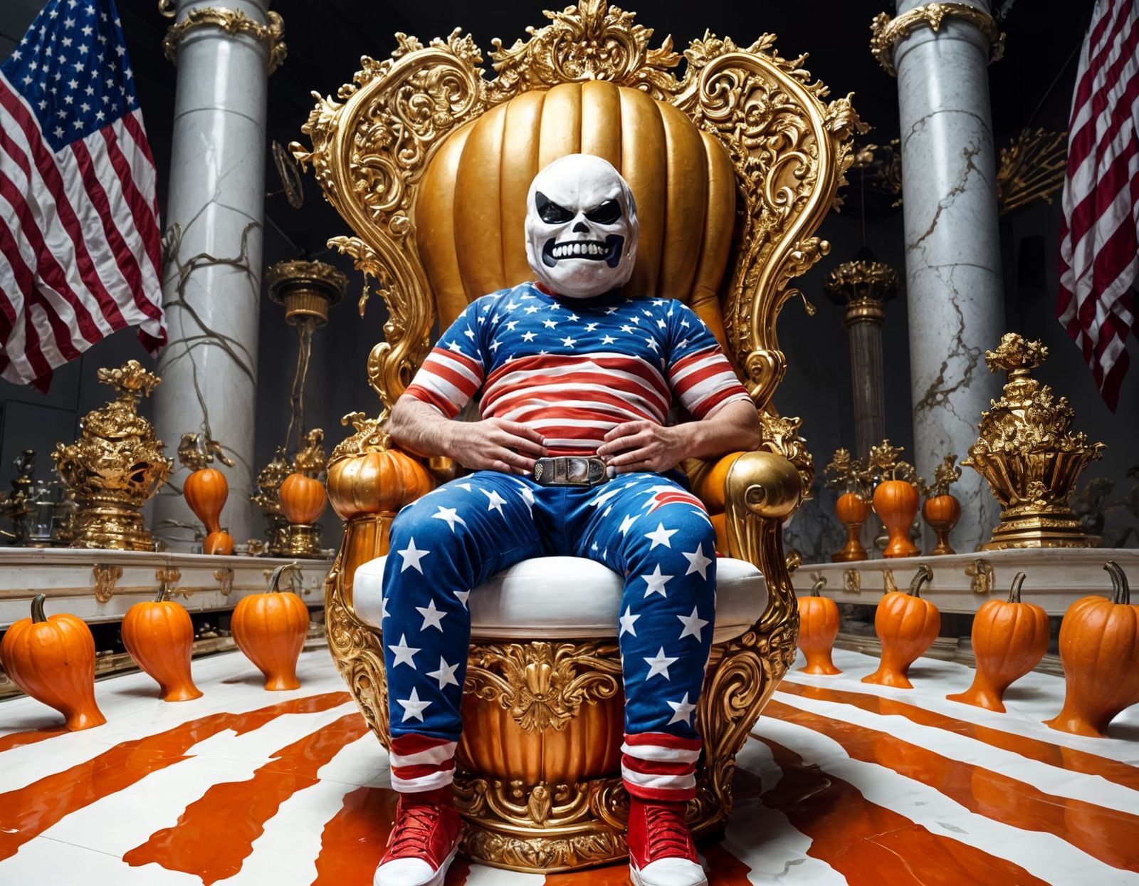 Pumpkin Head on Toilet Throne with Flag Outfit
