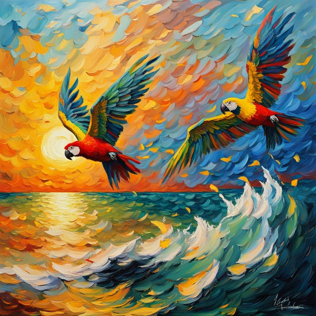 Impasto Oil Painting of Parrots Flying Over the Sea