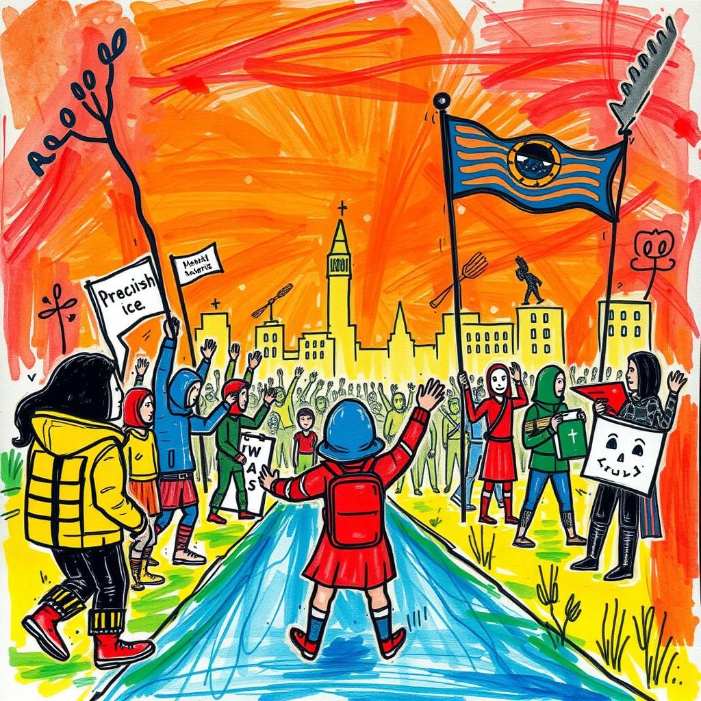 Childlike Illustration of Extremism with Wax-Based Colored P...