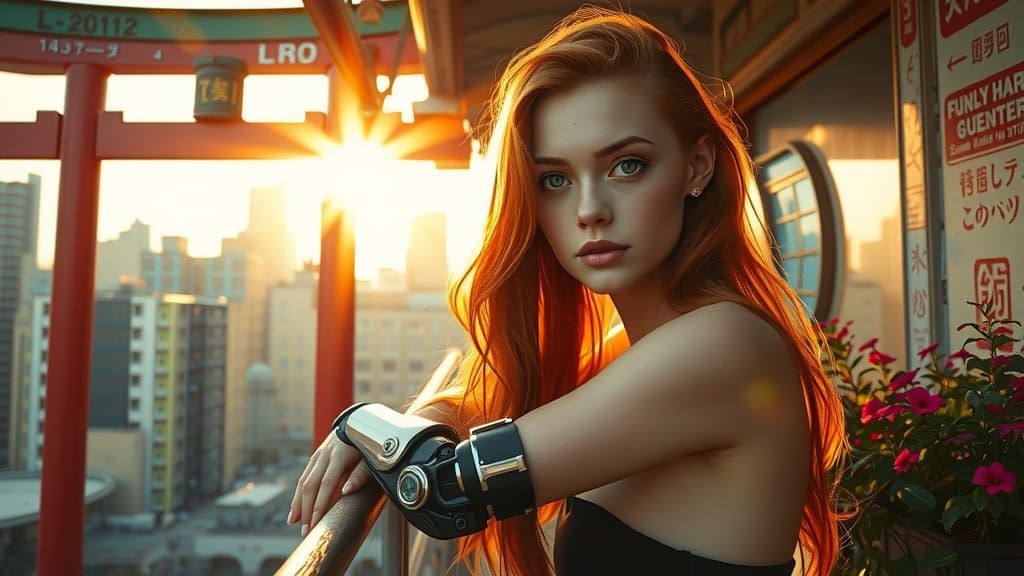 Futuristic Redhead Woman Leans on Torii-Adorned Dystopian Ba...