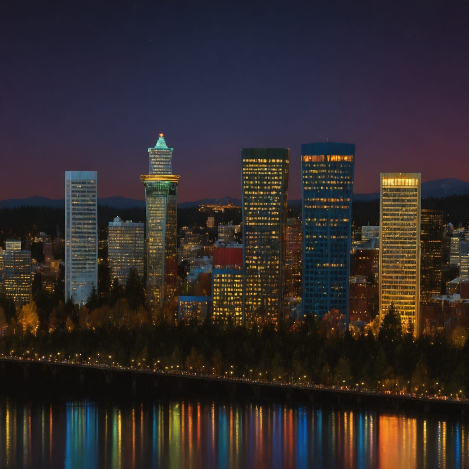 Portland Oregon Night Skyline: 8k Fantasy Concept Art