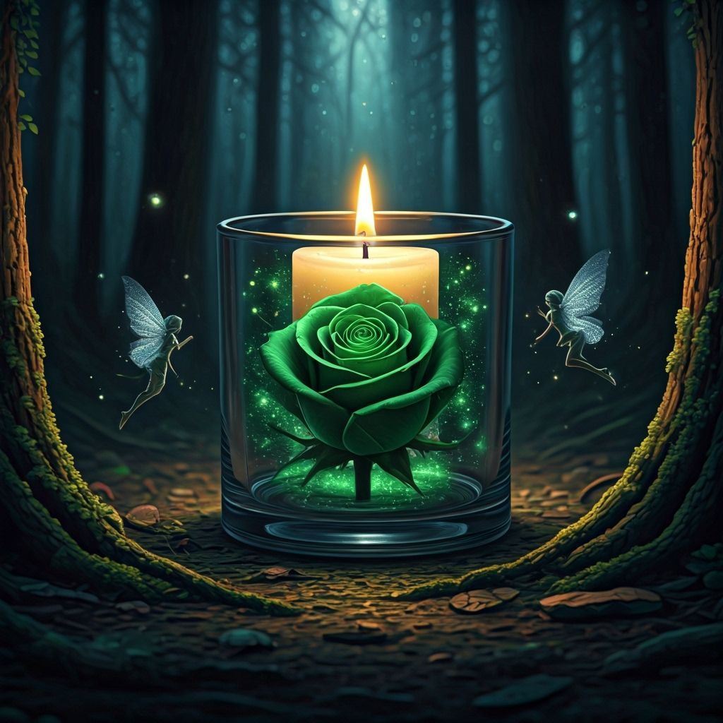 Enchanted Candle with Green Rose in Magical Forest