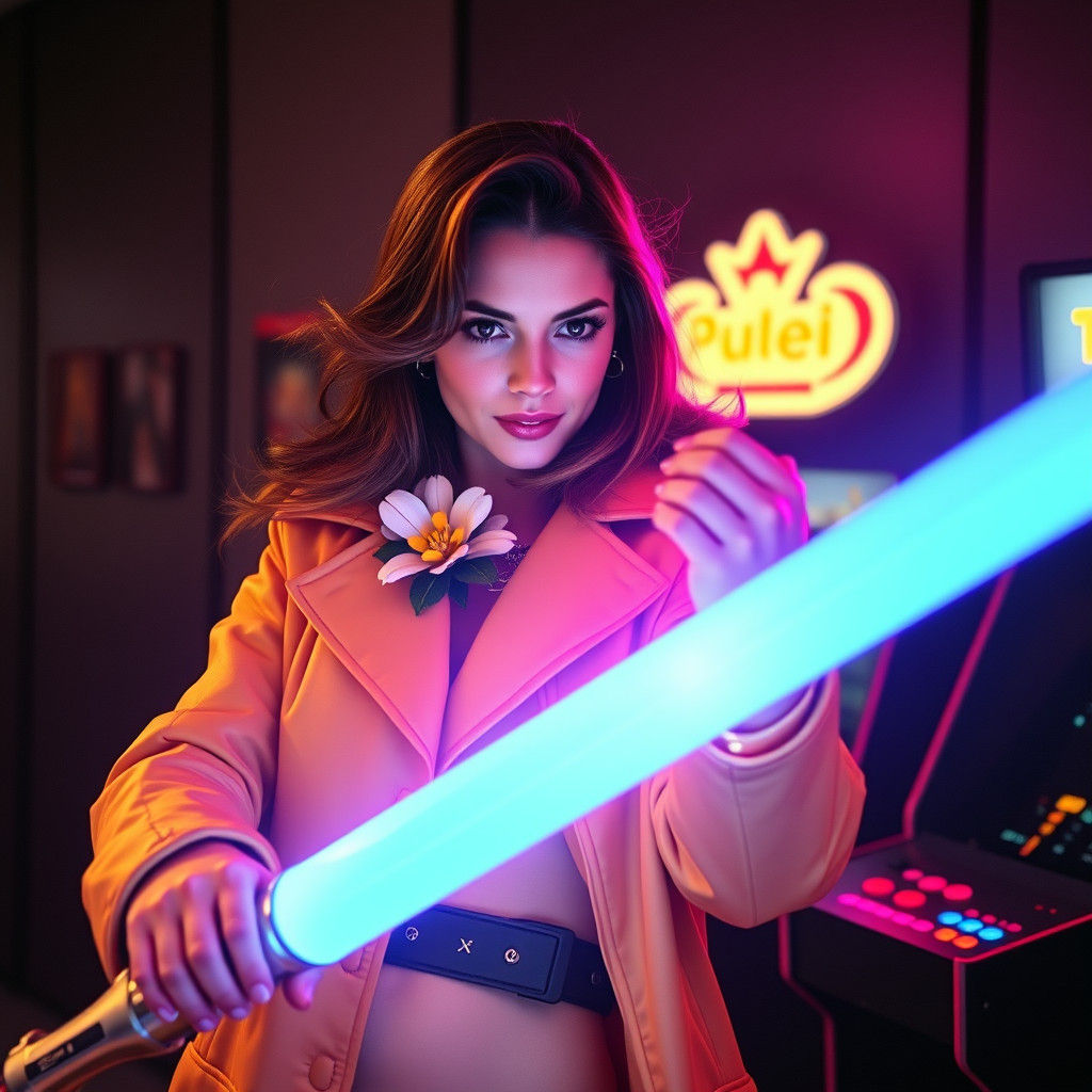 Vintage Fashionista with Lightsaber in 90s Sitcom