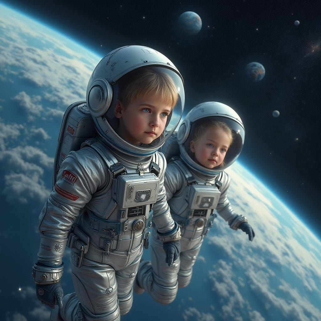Children in Space Suits Floating Near Earth, Hyperrealistic ...