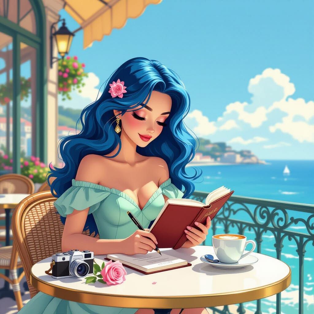 Blue Haired Woman Writes at Parisian Cafe, Storybook Style