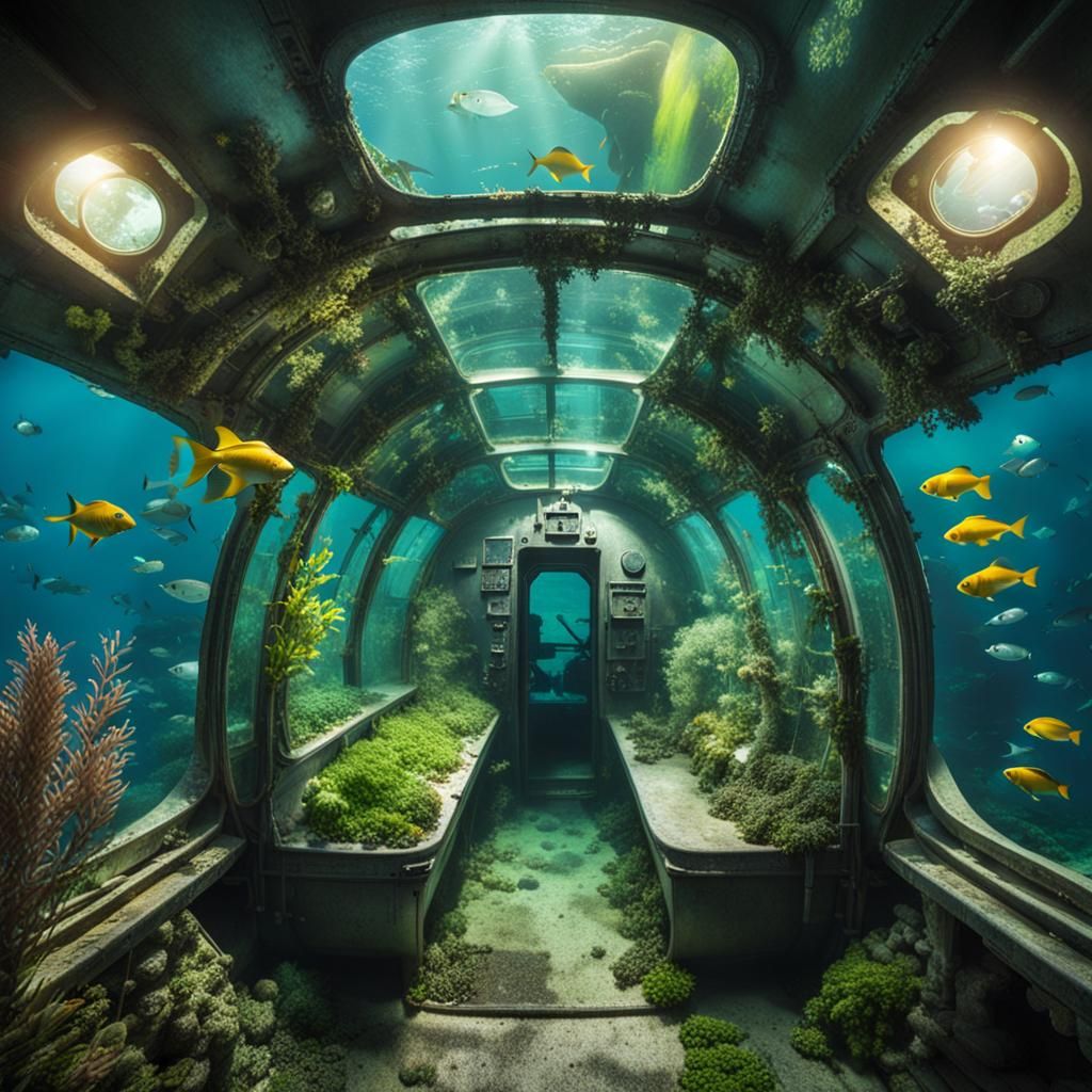 Submerged Submarine Interior with Aquatic Life