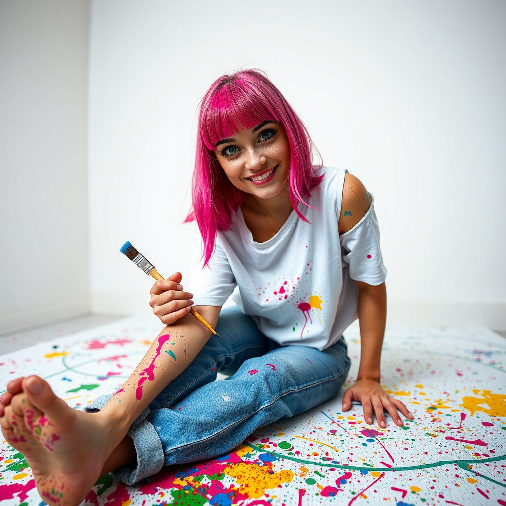 Colorful Chaos: A Young Woman's Creative Paint Splatter