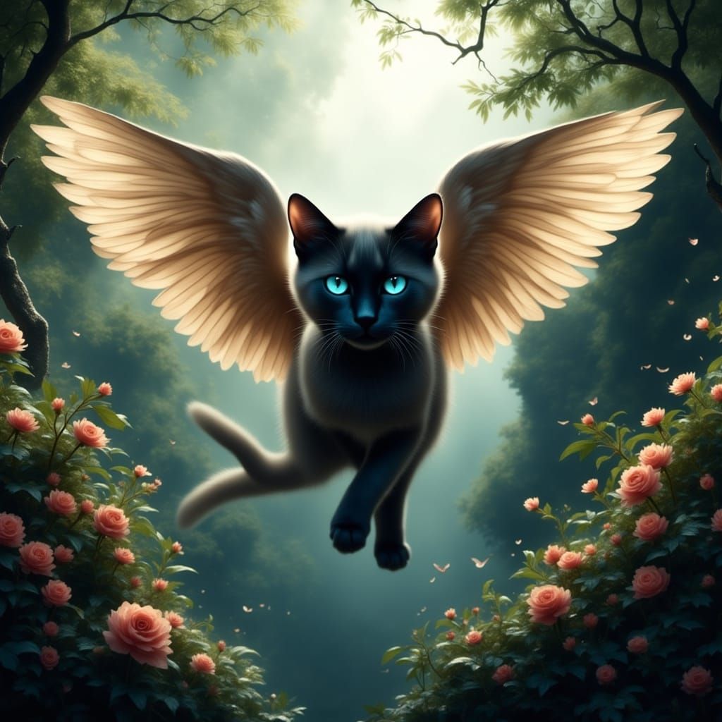 Winged Tabby Cat Flies Over Rainforest