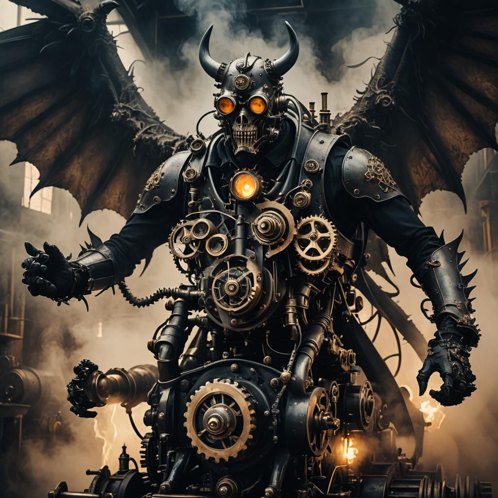 Menacing Devil Operates Steampunk Engine in Gothic Style
