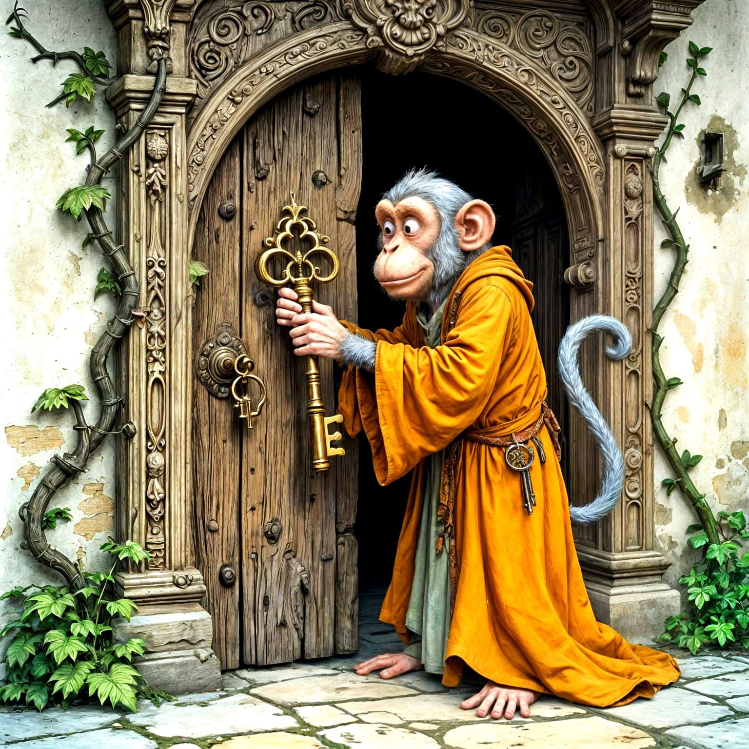 Whimsical Monkey Opens Monastery Door: 3D Caricature