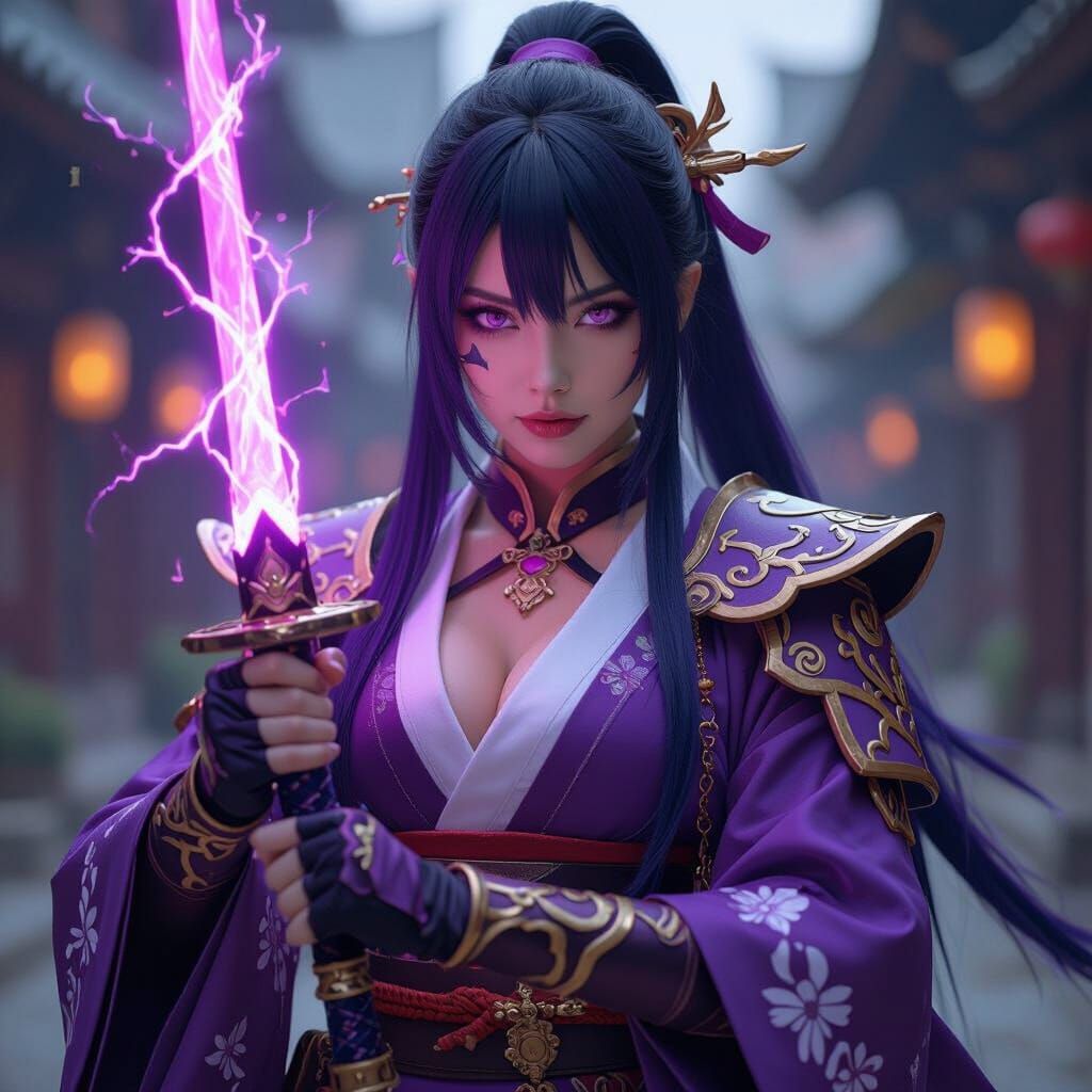 Raiden Shogun Cosplayer With Glowing Electro Sword