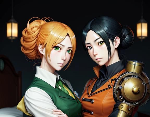 Kemono Twin Sisters Kissing in Steampunk Manga Style