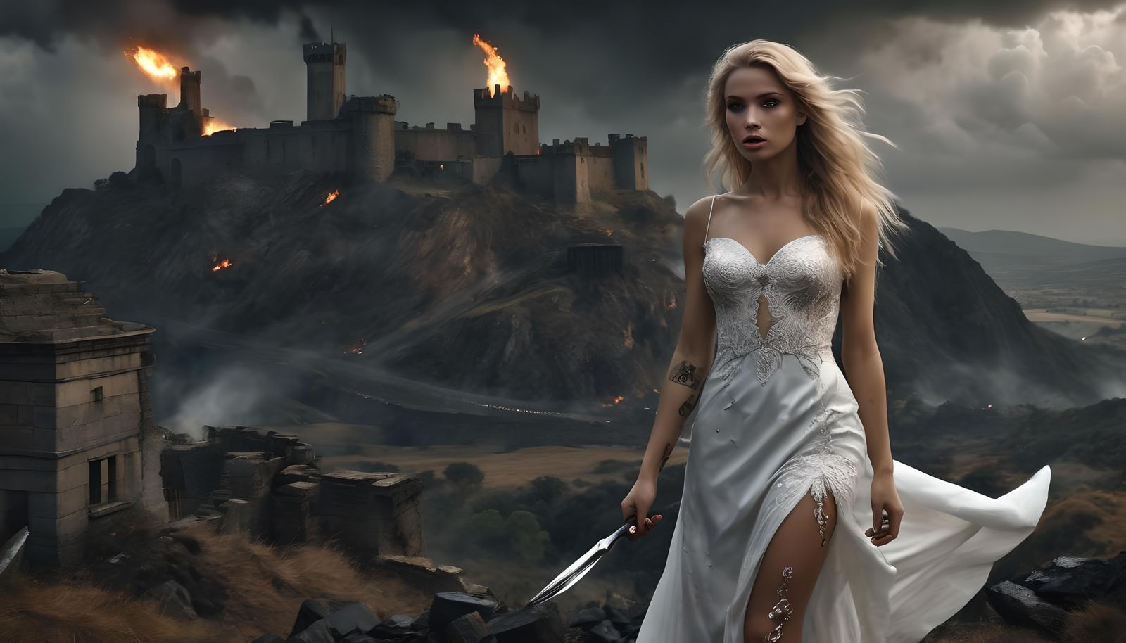 Tattooed Bride Climbing Hills in Burning Castle, 3D Game Art