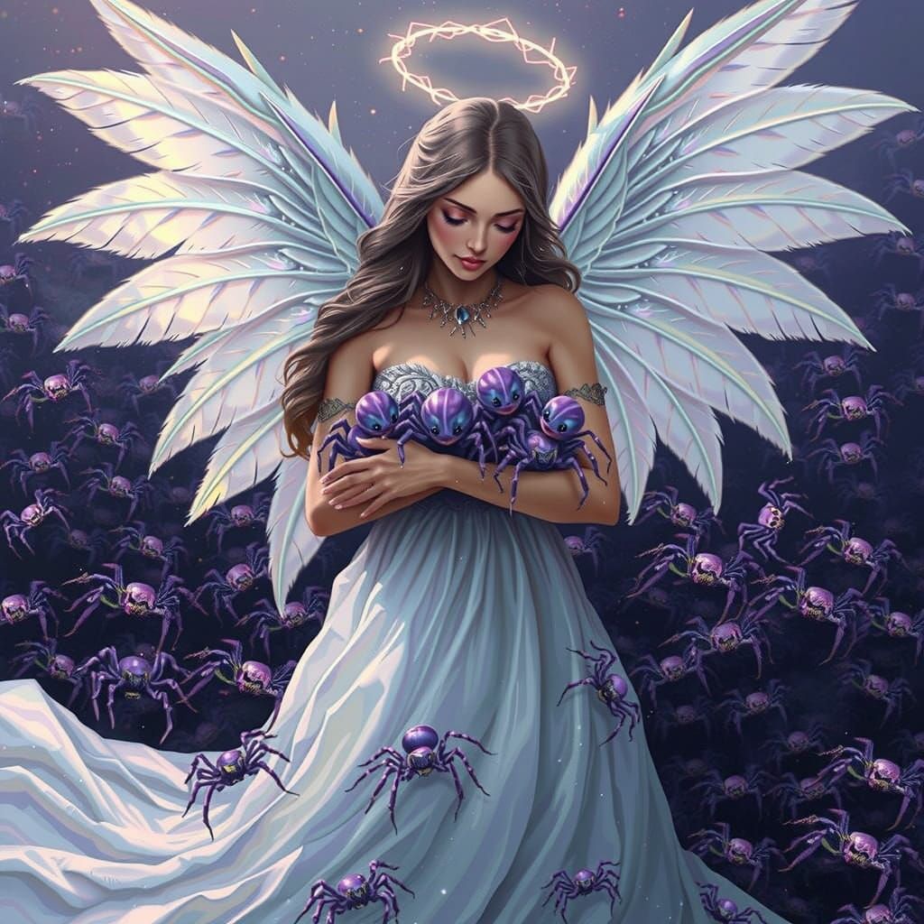 Surreal Goddess Embracing Eldritch Spiderlings in Lavender H...