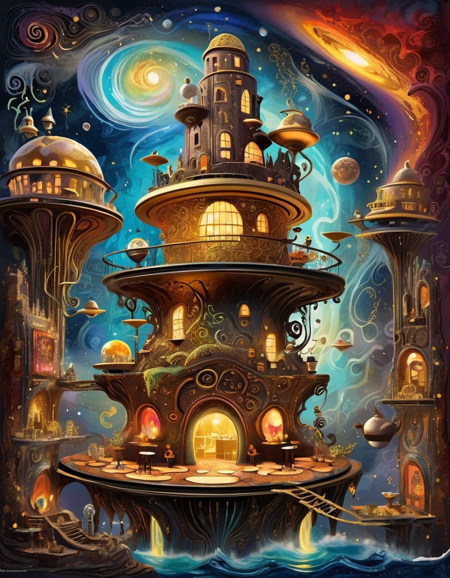 Surreal Villain Hideouts in Space, Impasto Style