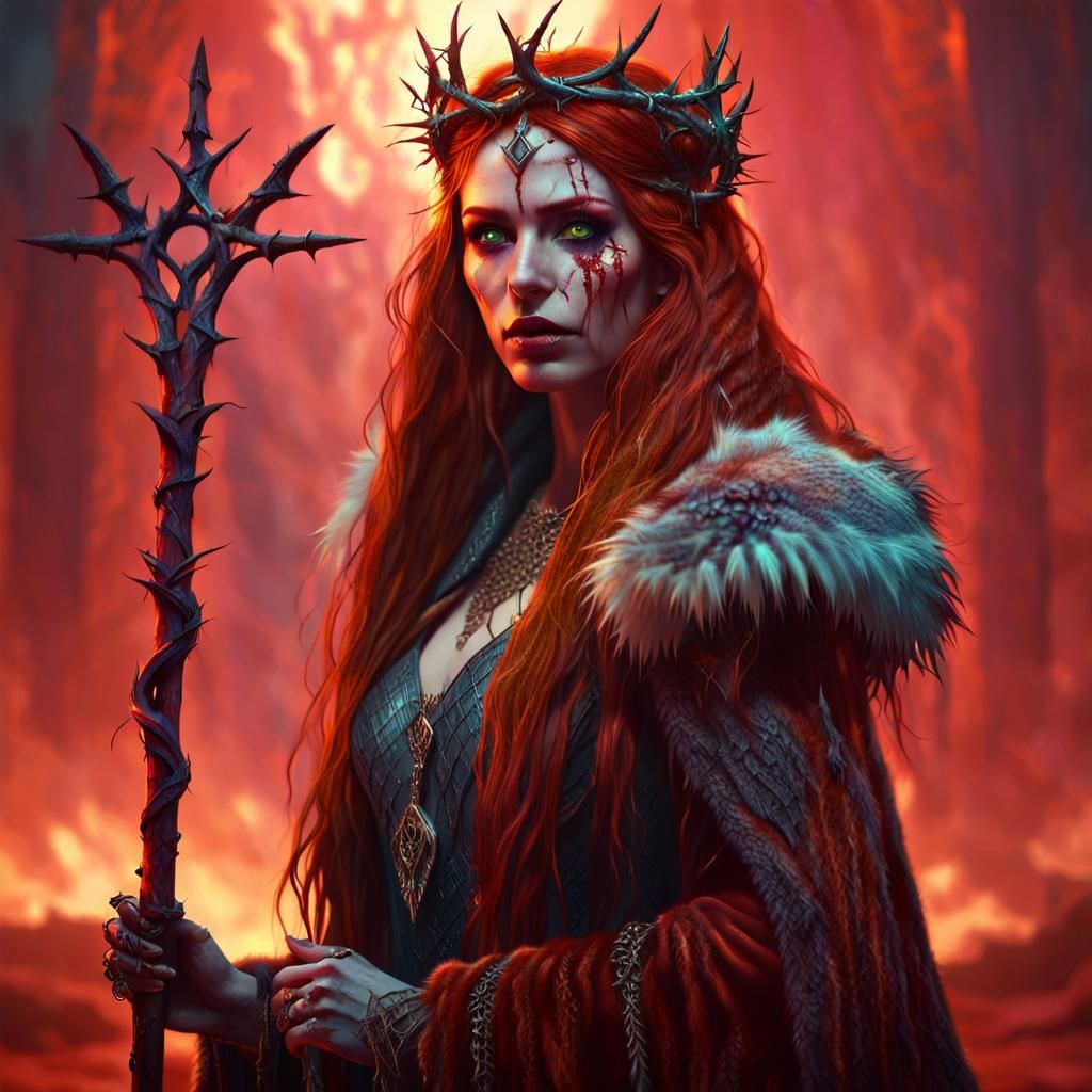 Sorceress with Red Hair in Dark Fantasy Style
