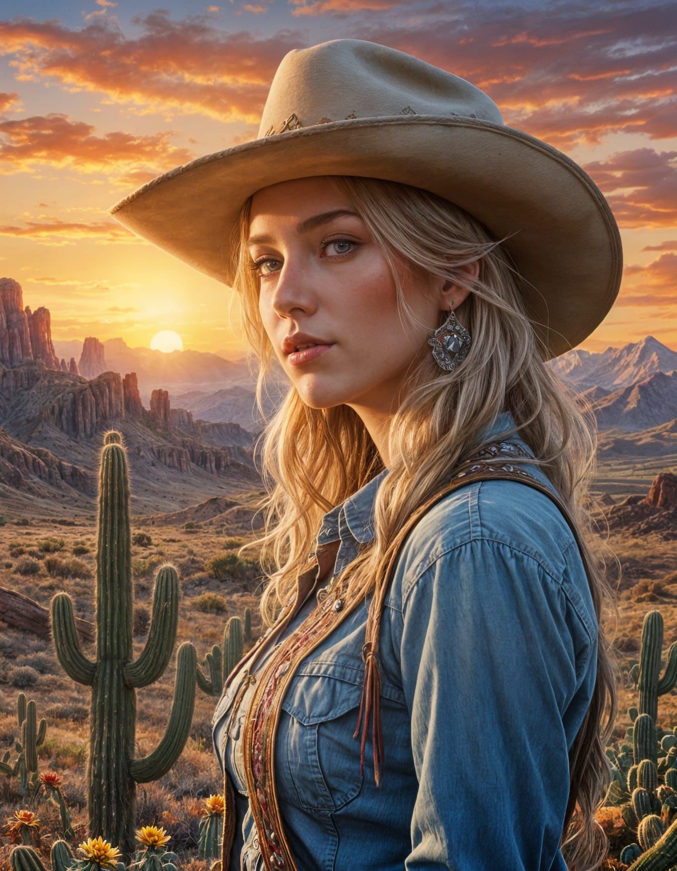 Surreal Sunset Cowgirl on Magical Prairie Landscape