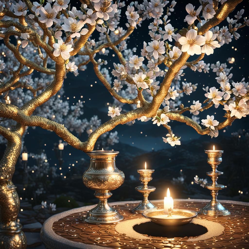 Blooming Almond Tree at Night with Candlesticks
