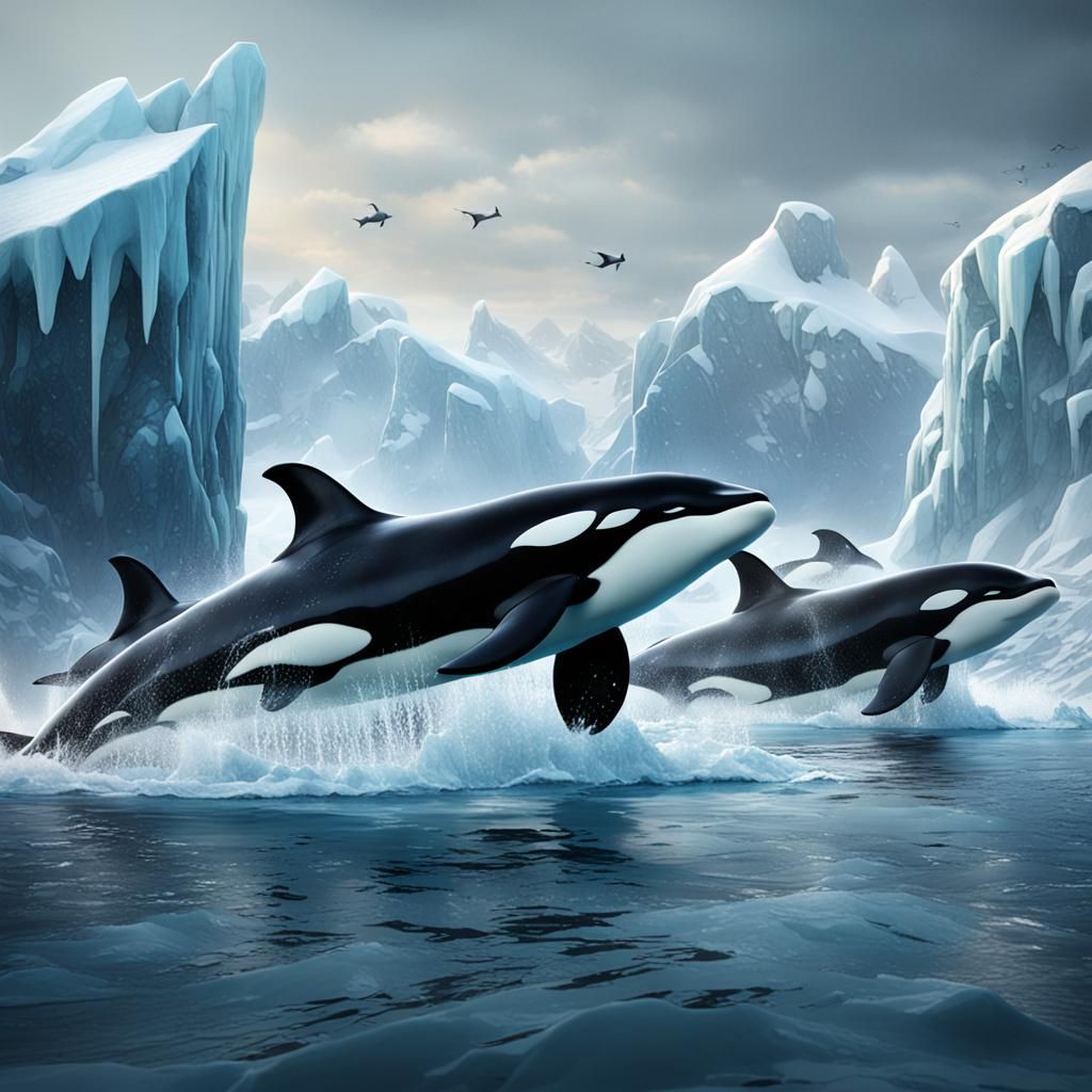 Orcas Hunting in Arctic Waters: Detailed Matte Painting