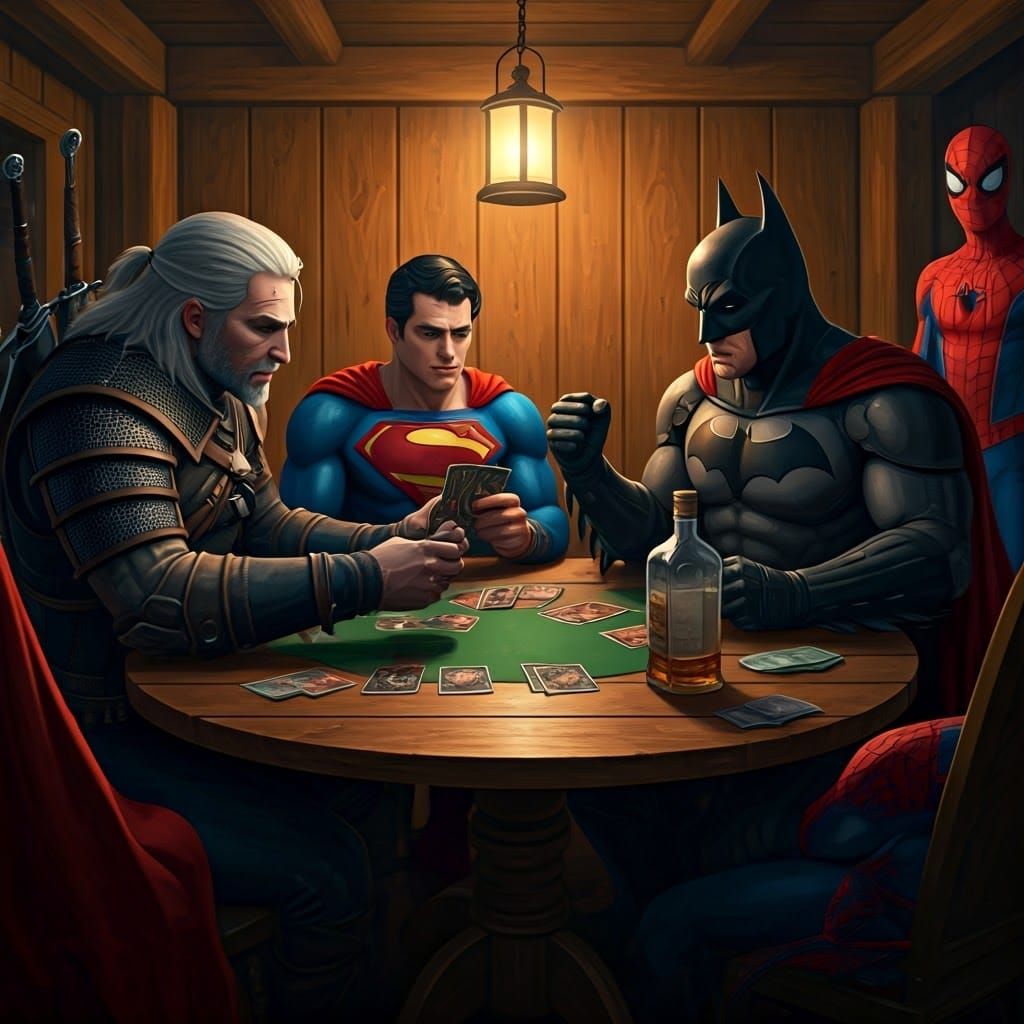 Geralt Teaches Superheroes Gwent: A Digital Painting