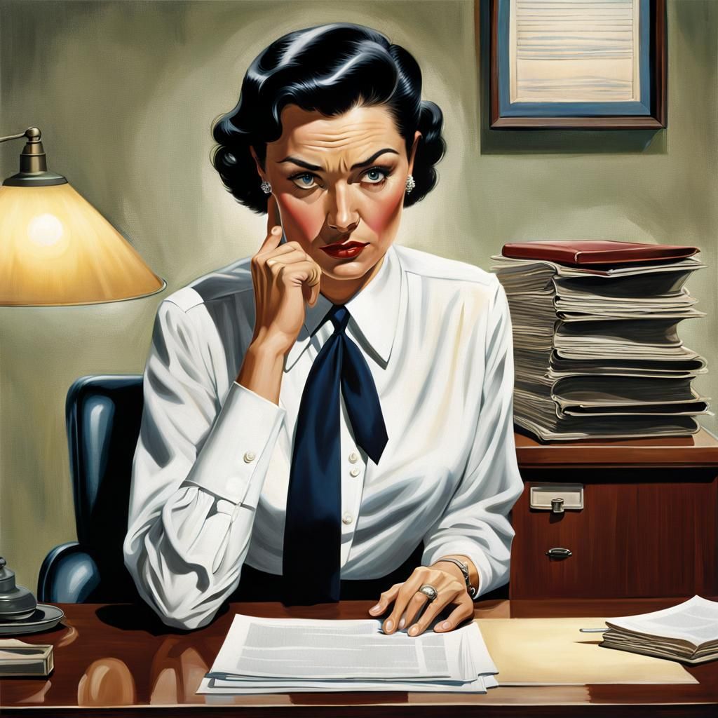 1950s Woman Reading File, Photorealistic Oil Painting