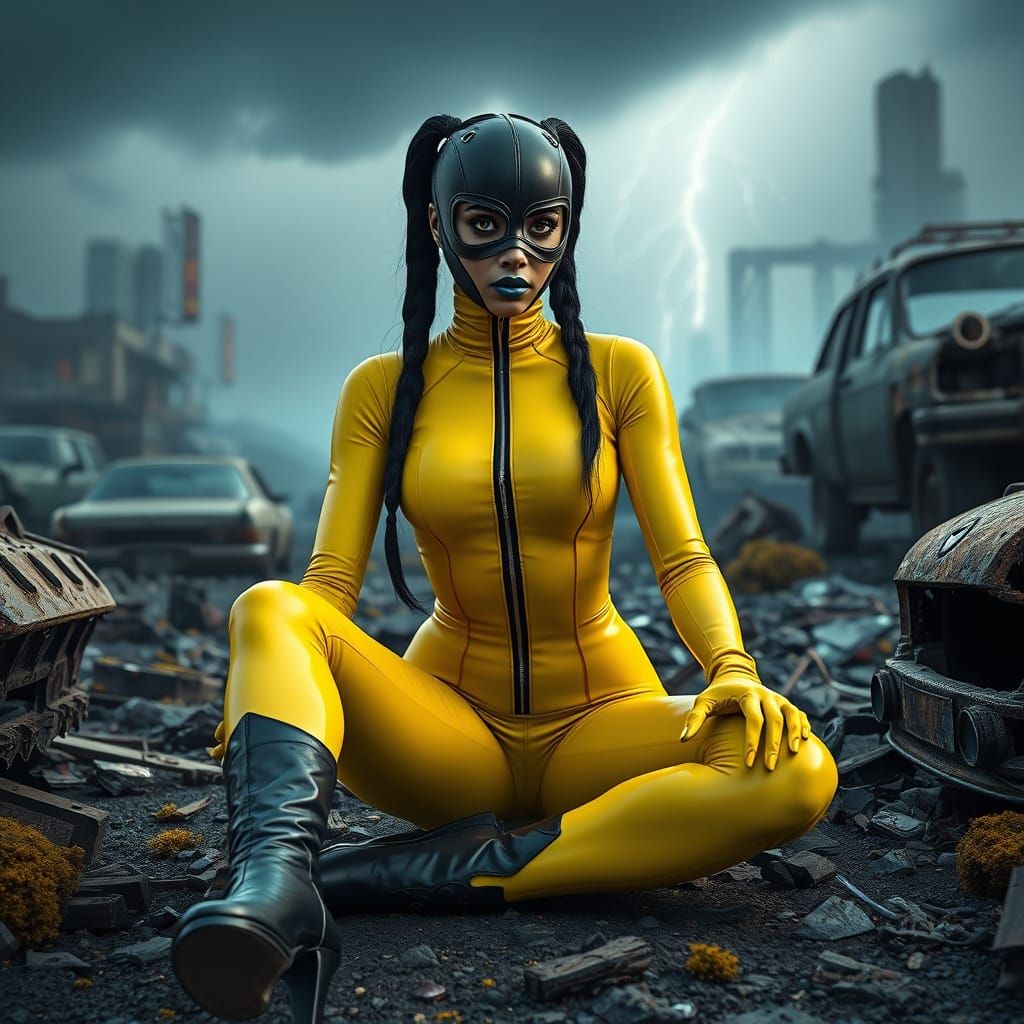 Cyberpunk Woman Guards Secret in Post-Apocalyptic Ruins