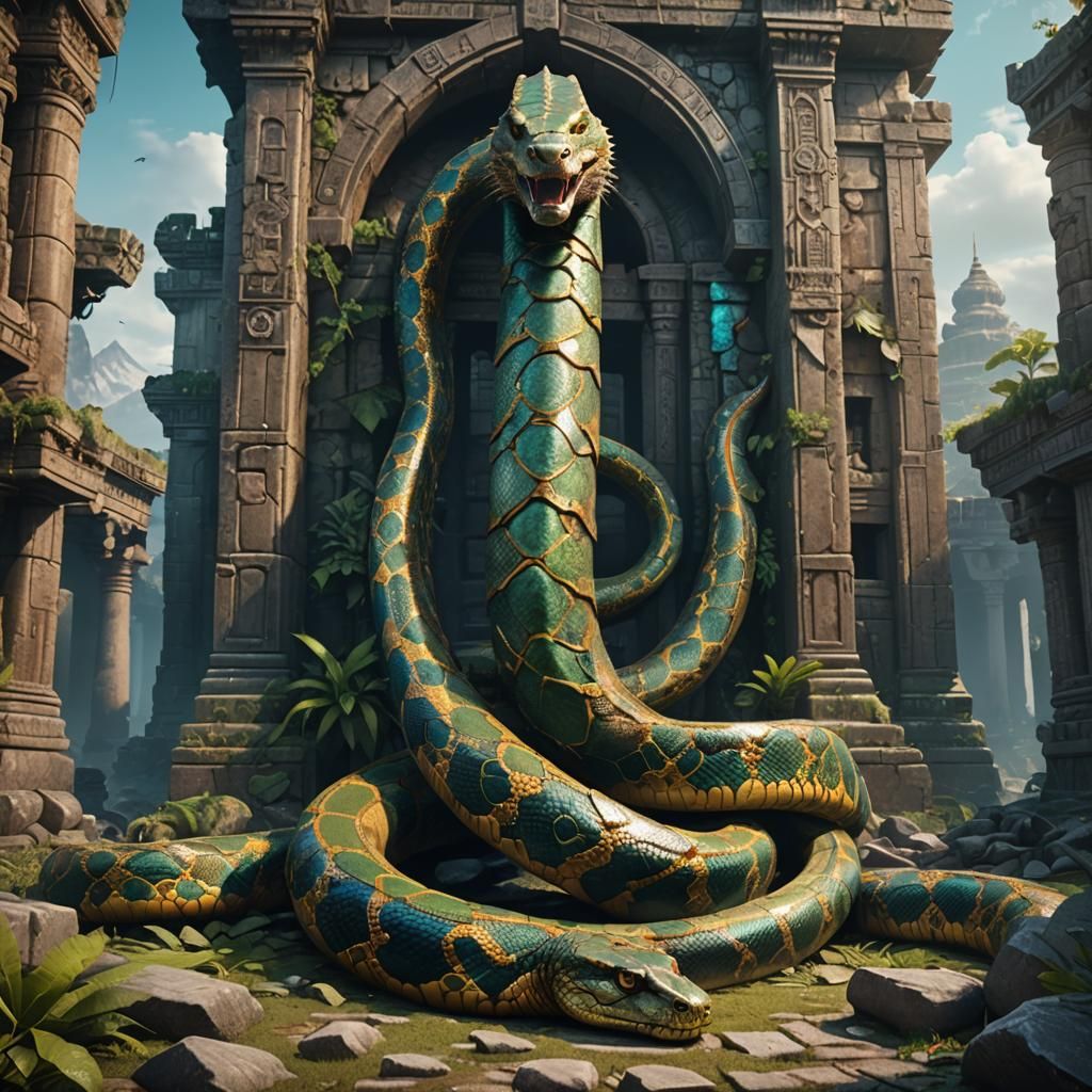 Jeweled Anaconda Ensnared in Ancient Temple Ruins