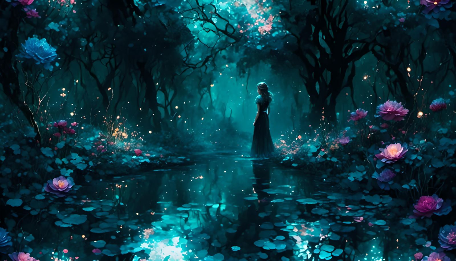 Woman in Moody Midnight Garden with Chiaroscuro