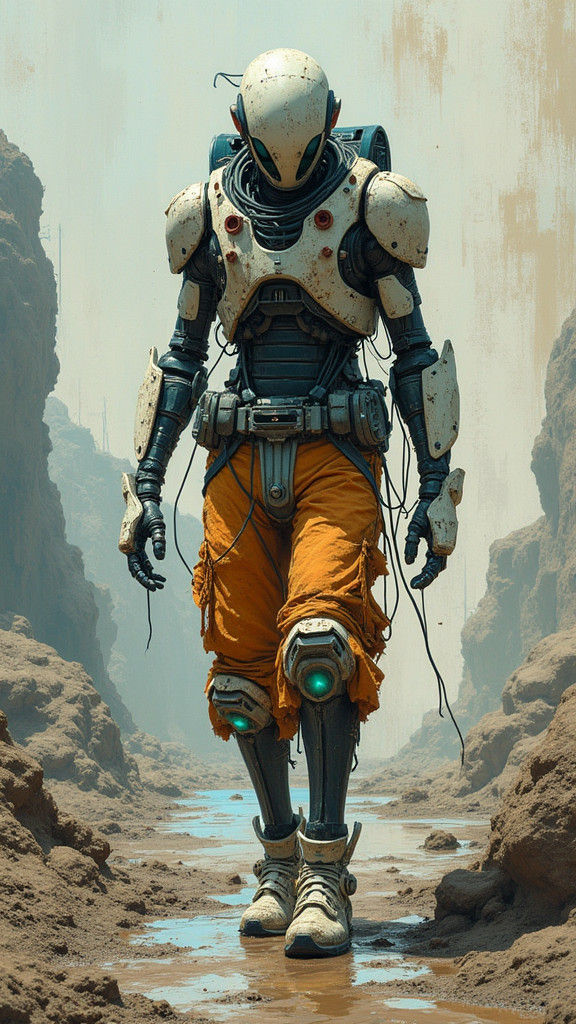 Cyborg in Muddy Terrain, Pristine White Shoes Stand Out