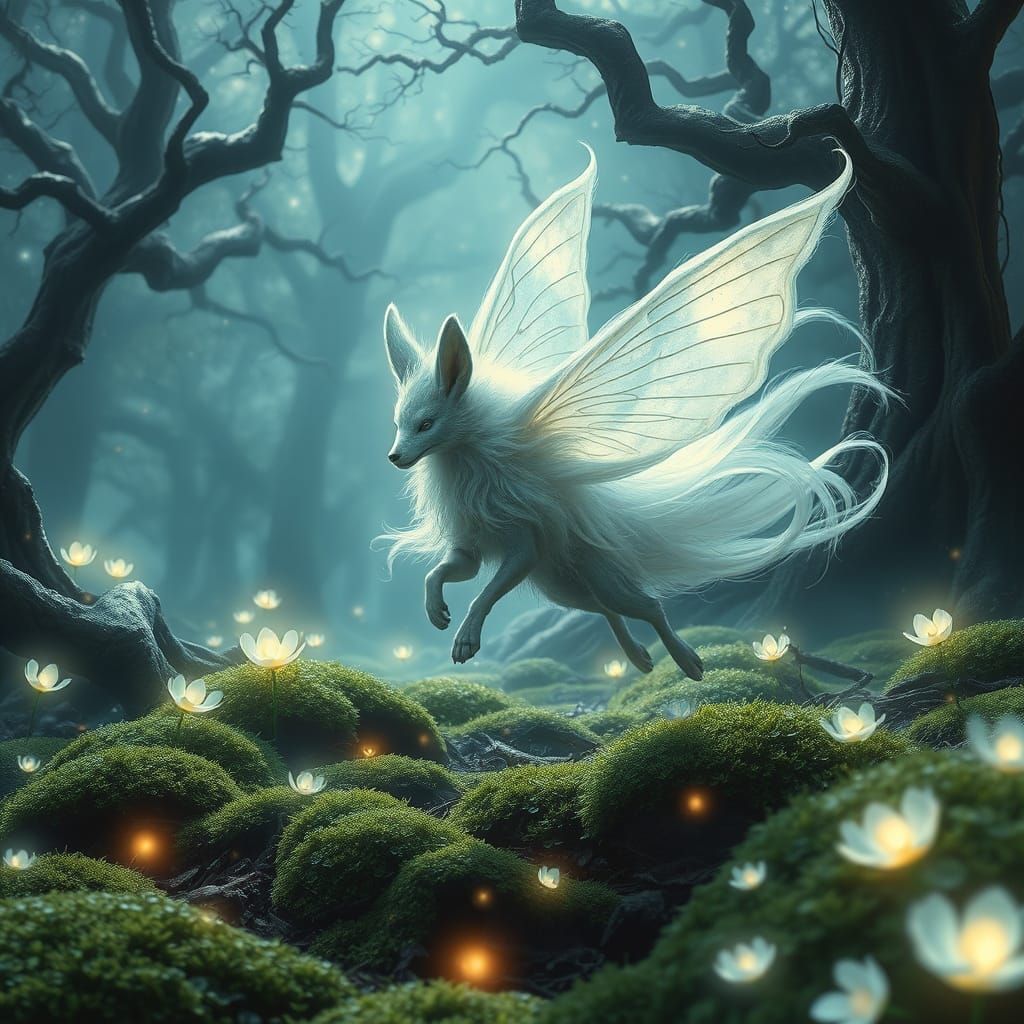 Fairy Kitsune in Enchanted Forest, Cinematic Fantasy Art