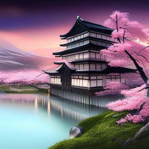Japanese Cherry Blossom Landscape in Anime Style