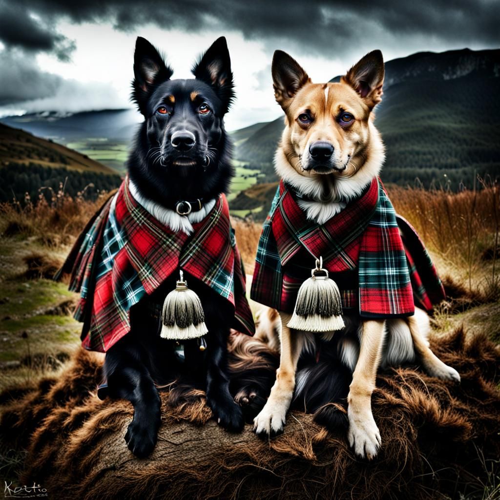 Dogs in Kilts Beside Stag: Hyperrealistic Image